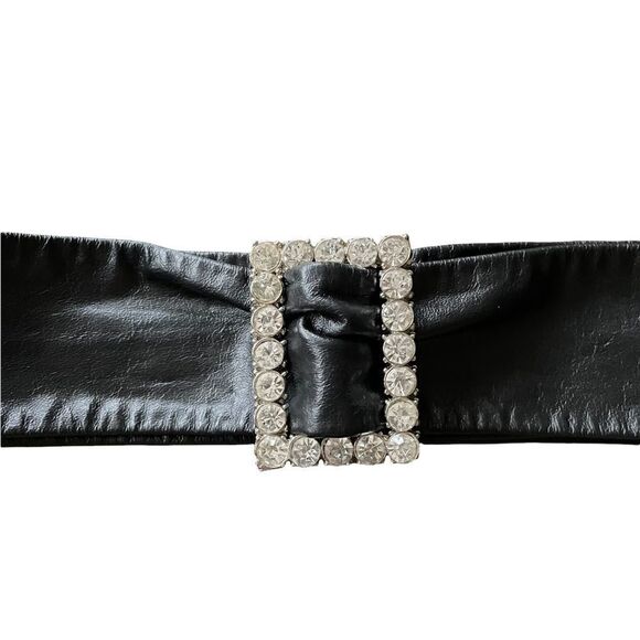 EMMANUEL Vintage Black Leather Belt Faux White Stone Buckle Made In Canada XS/S